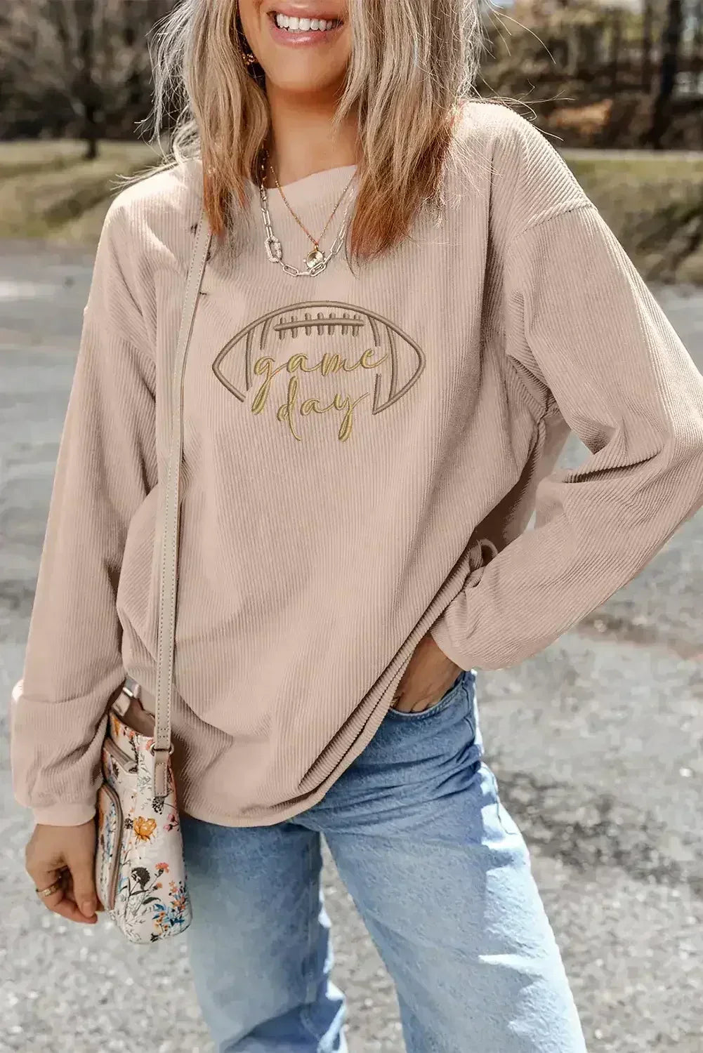 Apricot Football Graphic Sweatshirt – Drop Shoulder & Game Day Style | Femstylo