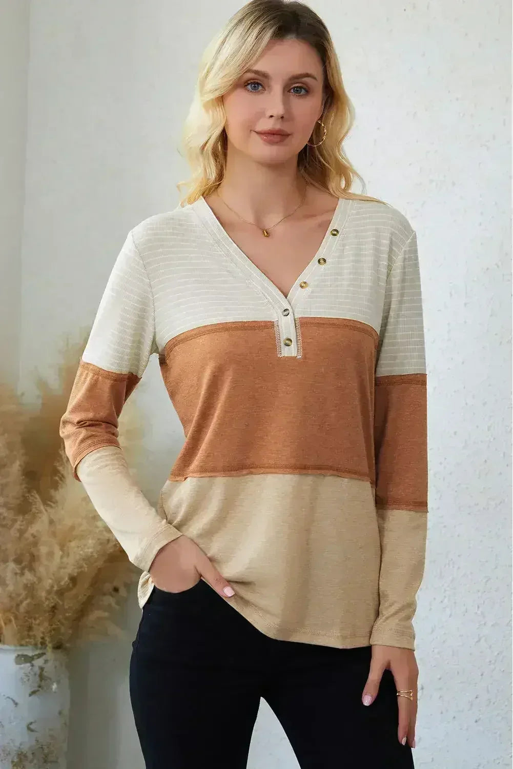 Orange Color Block Henley Top - Striped V-Neck Knit | Femstylo