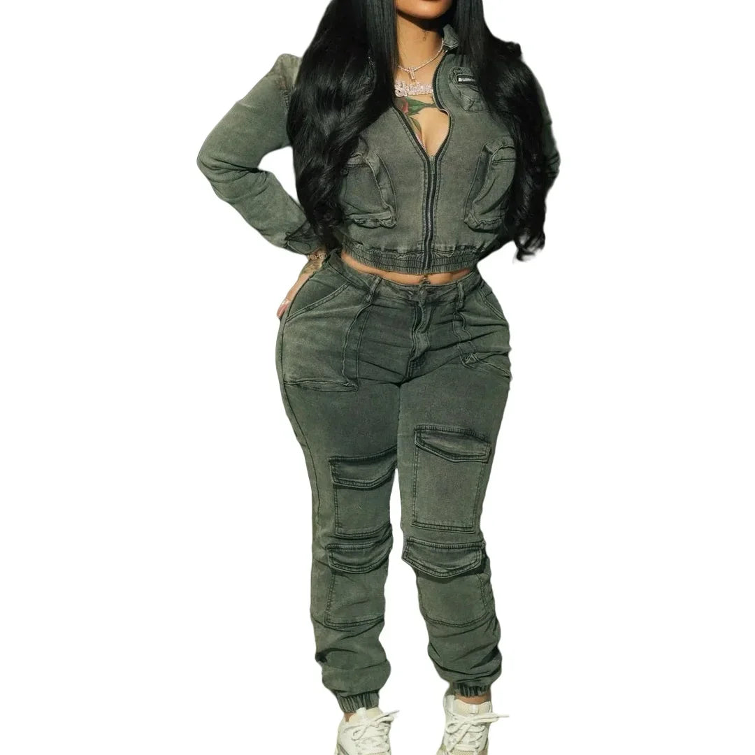 FAGADOER Ensemble deux pièces en jean tendance pour femme, style streetwear Y2K, veste courte zippée à revers et poches cargo, jeans extensibles