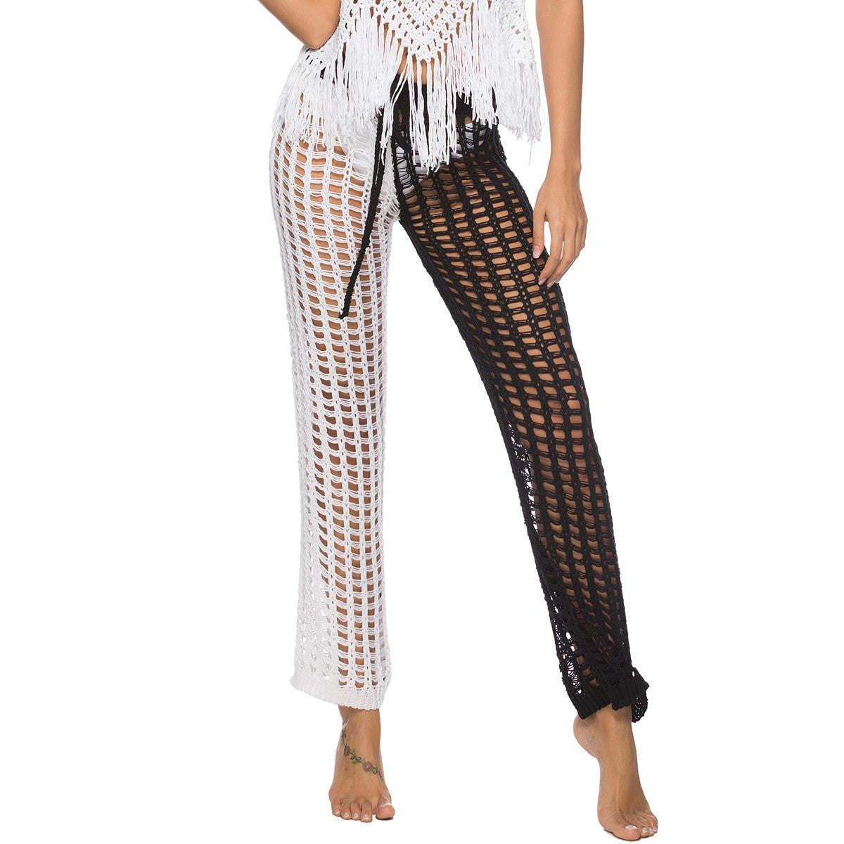 Nightclub Crocheted Hollow-out Two-color Trousers Sexy Belt Beach Pants