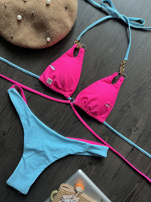 Arrival Bikini Chain Sexy Backless Split Swimsuit Nylon Color Matching Bikini