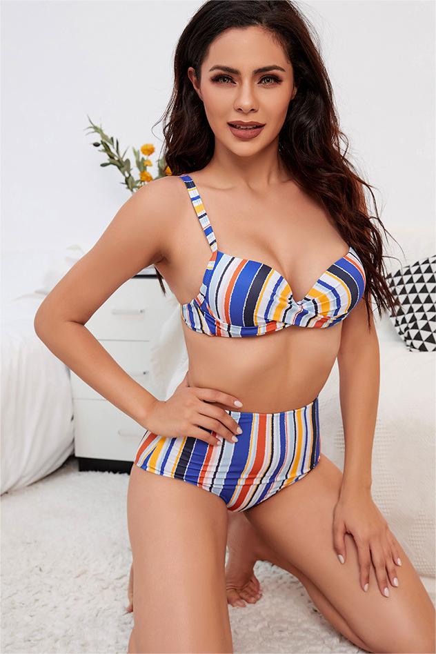 Women Bikini Multicolor Plaid Push Up Split Swimsuit Beach Vacation Swimsuit