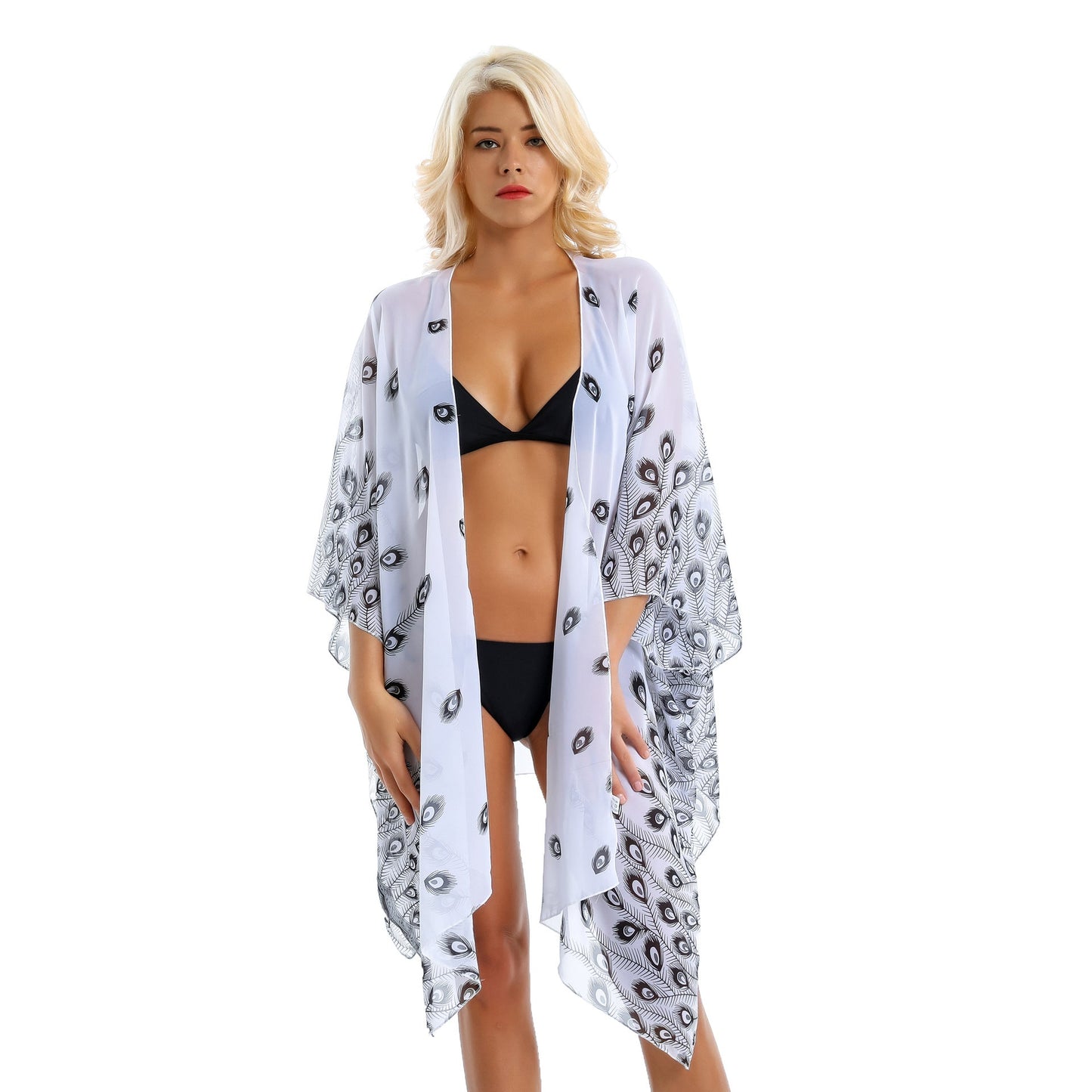 Feather Pattern Beach Cover Up Sun Protection Cardigan Beach Vacation Swimsuit Coat