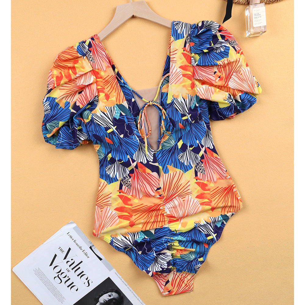 Puff Short Sleeve One Piece Swimsuit Women Printed Mesh Stitching Swimsuit