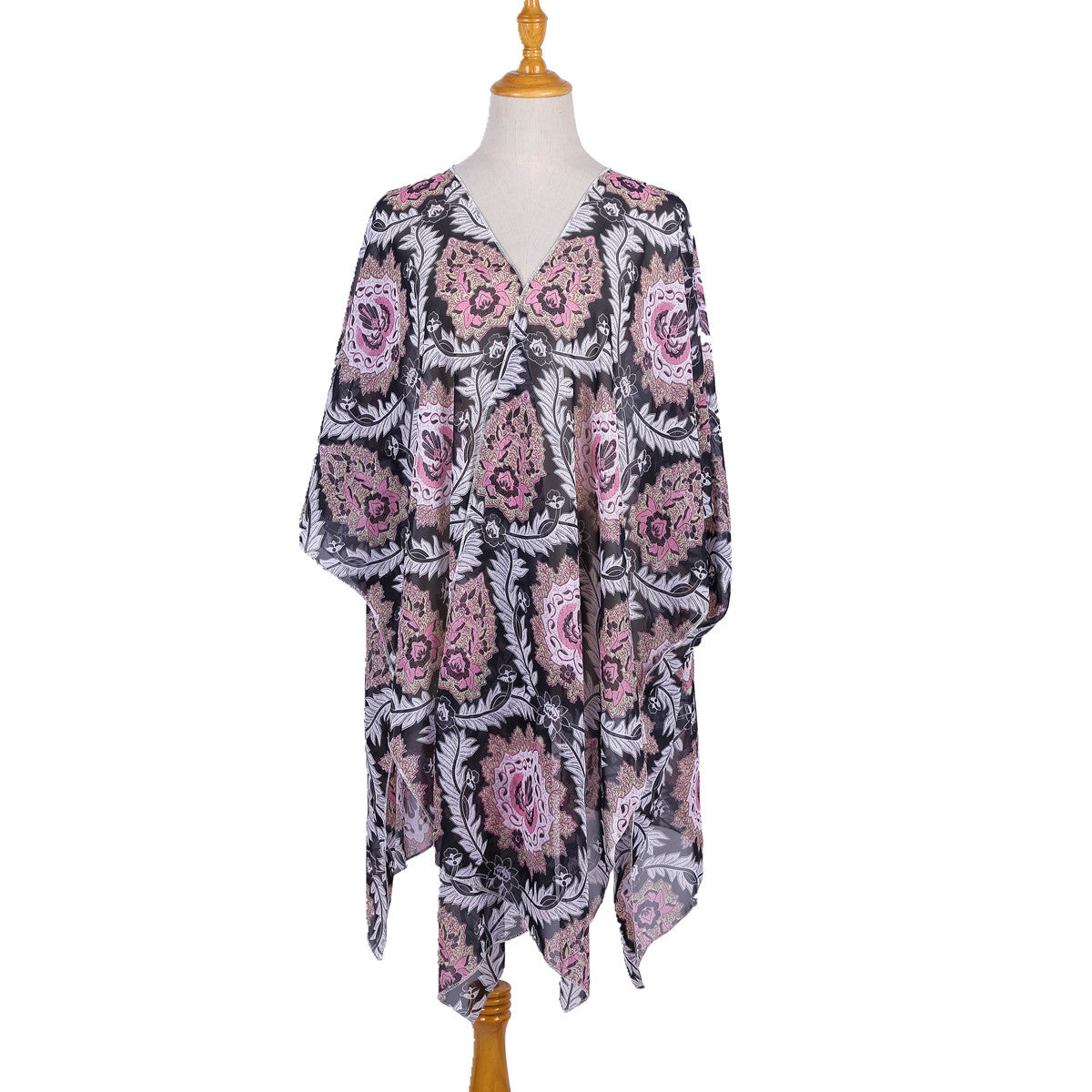 Platform Ethnic Rattan Floral Print Chiffon Sun Protection Cardigan Swimsuit Blouse