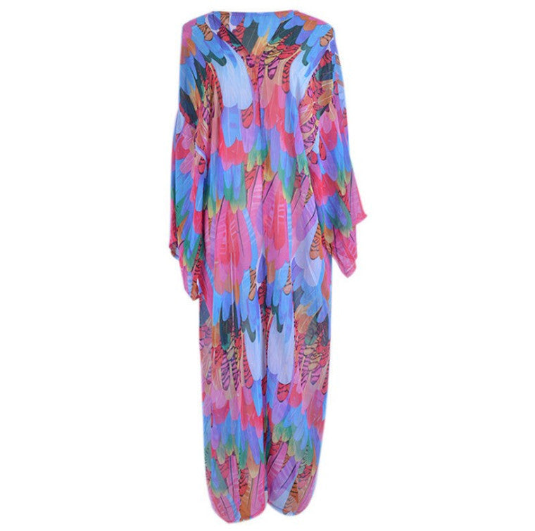 Beach Cover up Chiffon Colorful Feather Print Sun Protection Shirt Sexy Cardigan Loose Beach Cover Up