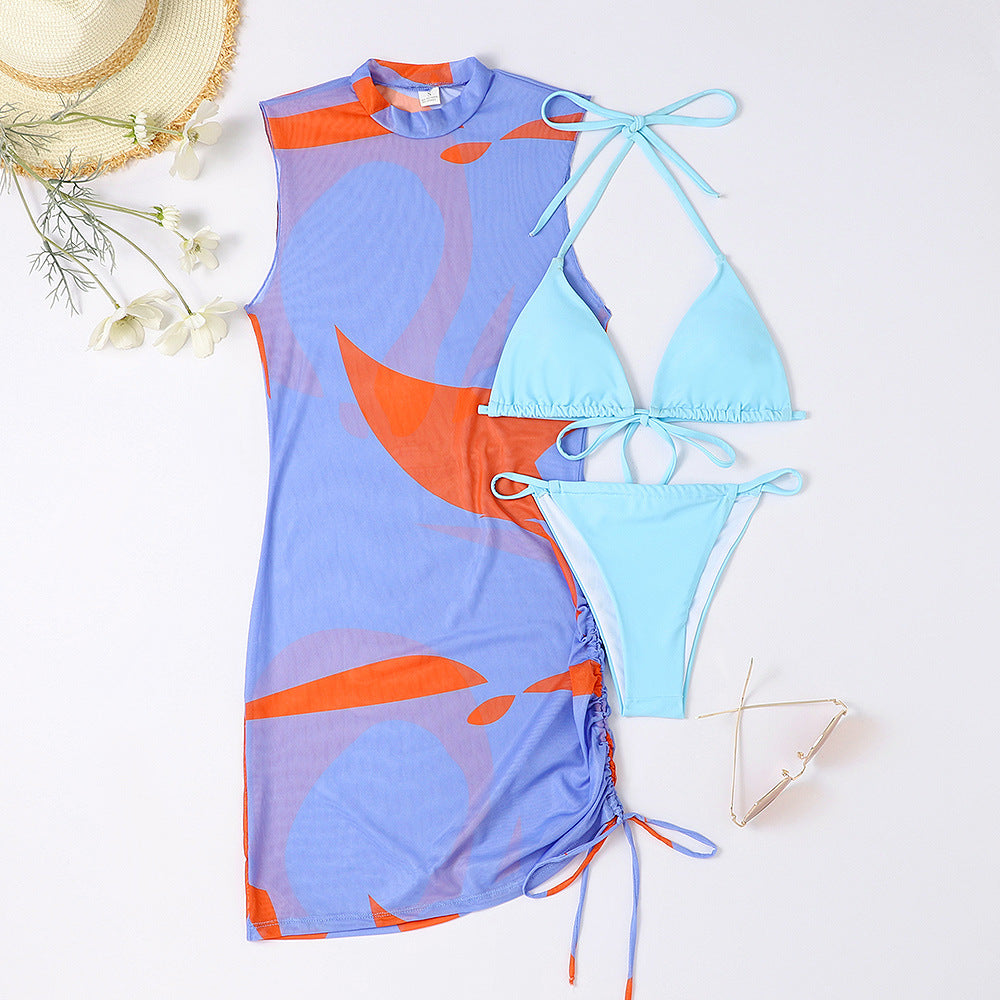 Split Swimsuit Sexy Print Pleating Lace up Three Piece Bikini Women