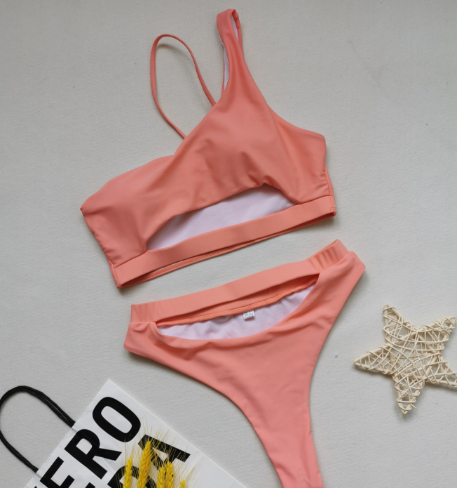 Swimsuit Solid Color Hollow Out Cutout One Shoulder Bikini Women Split High Waist Swimsuit