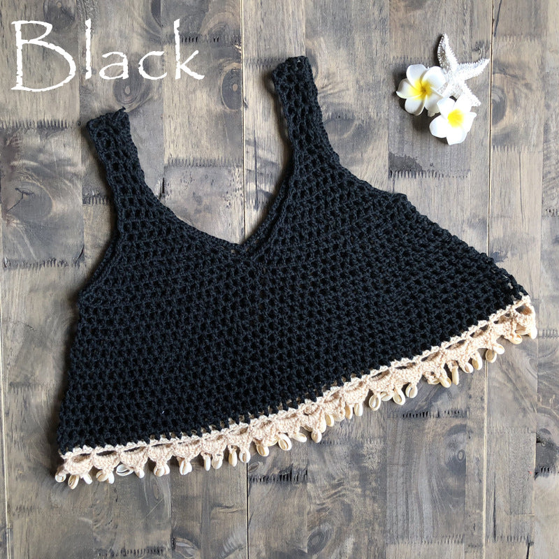 Sexy Hollow Out Cutout Shell Bikini Top Hand Crochet Female Sun Protective Blouse