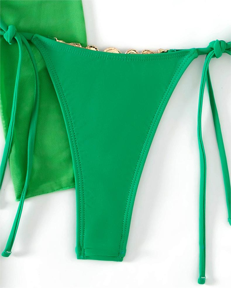 Bikini Three Piece Swimsuit Set Solid Color Sexy Metal Chain Bikini Swimsuit