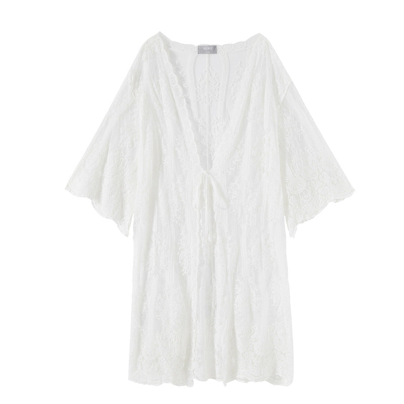 Bohemian Vacation Beach Sun Protection Clothing Women Summer Seaside Beach Cover Up Lace Cardigan Coat