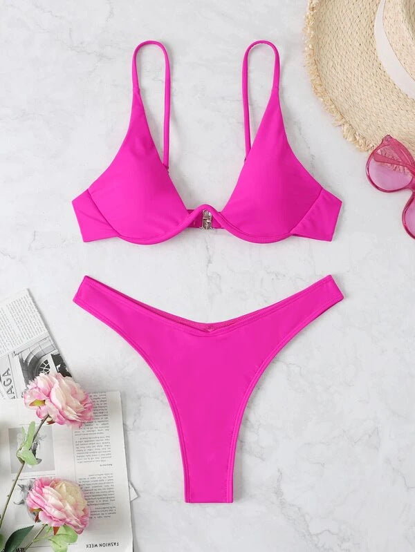 Sexy Bikini Split Gathering Steel Bracket Solid Color Swimsuit Women