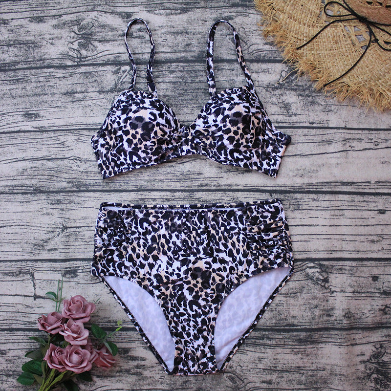 Bikini Swimsuit Steel Bracket Push Up Leopard Print Split Adjustable Double Shoulder Strap Bikini Swimsuit