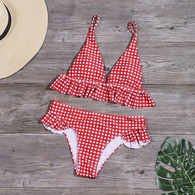 Plaid Bikini Ruffle Swimwear Push up Split Swimsuit