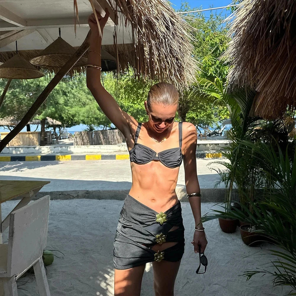 Short Skirt Three Piece Bikini Swimsuit Swimwear Solid Color Swimsuit for Women