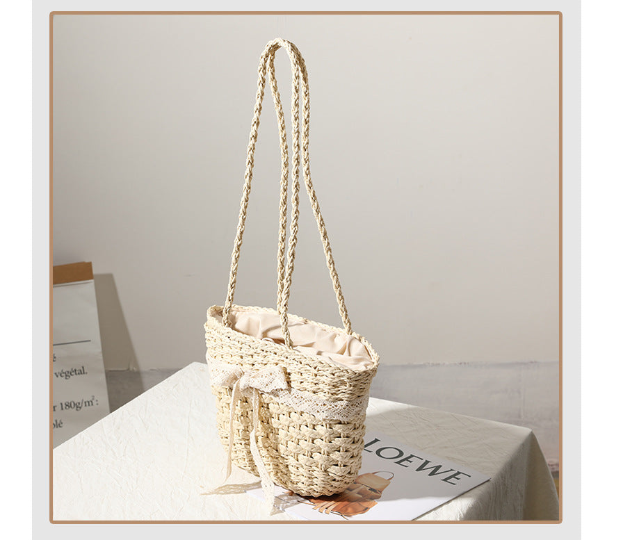 Straw Bag Lace Bow Woven Bag Fairy Seaside Vacation Beach Bag Women Bag