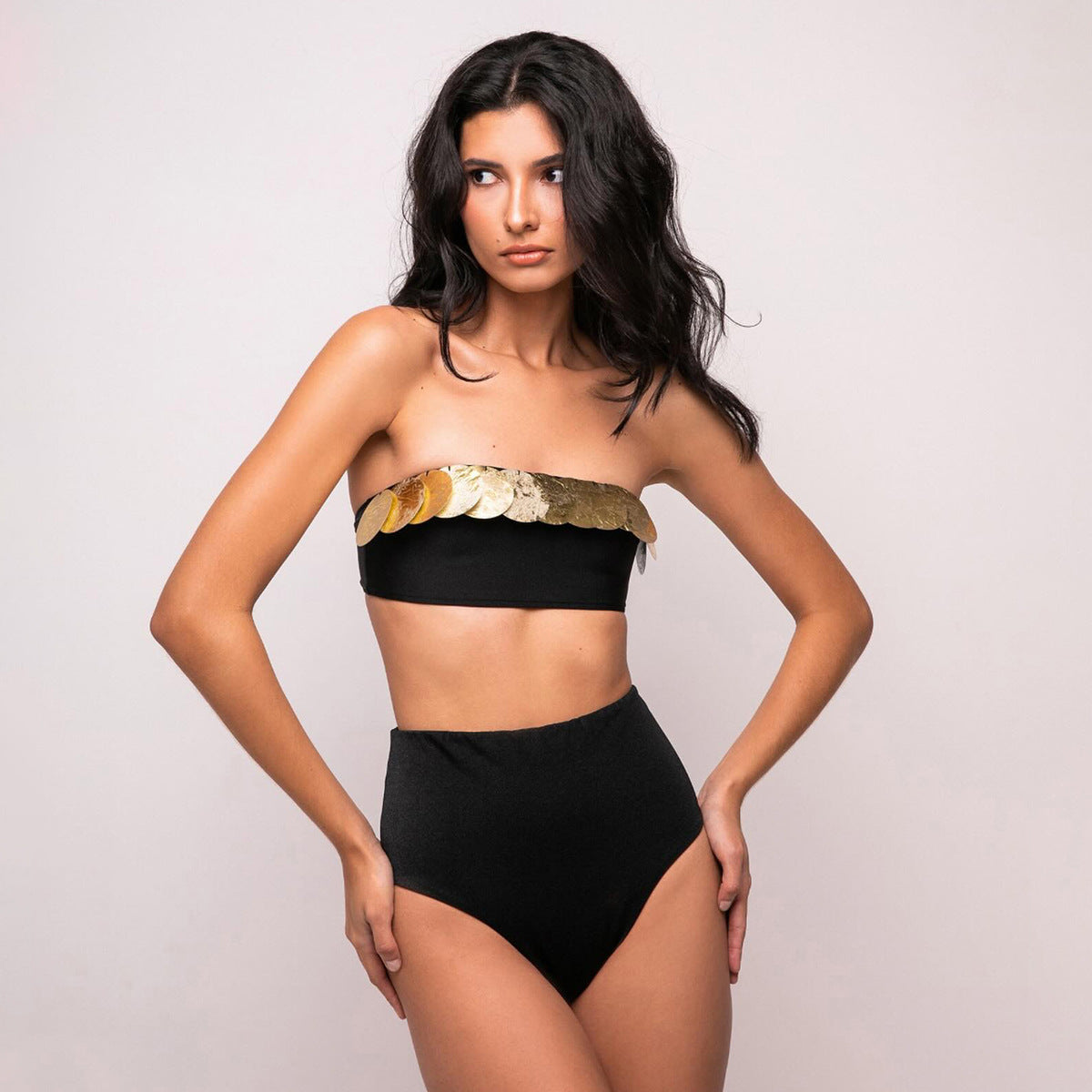 Pure Black Gold Sequined Tube Top Split Swimsuit Women Sexy High Waist Bikini