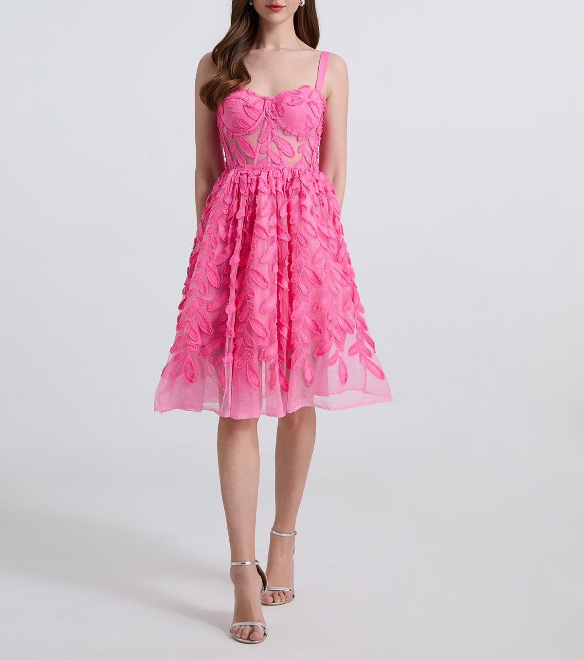 Women Embroidered Lace Mesh Slim Fit Fishbone Wire Halter Top Swing Multi Layered Dress