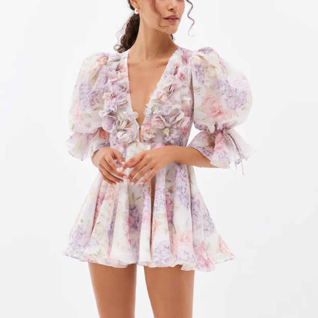Spring Summer Sexy Chiffon Three Dimensional Floral Floral Dress