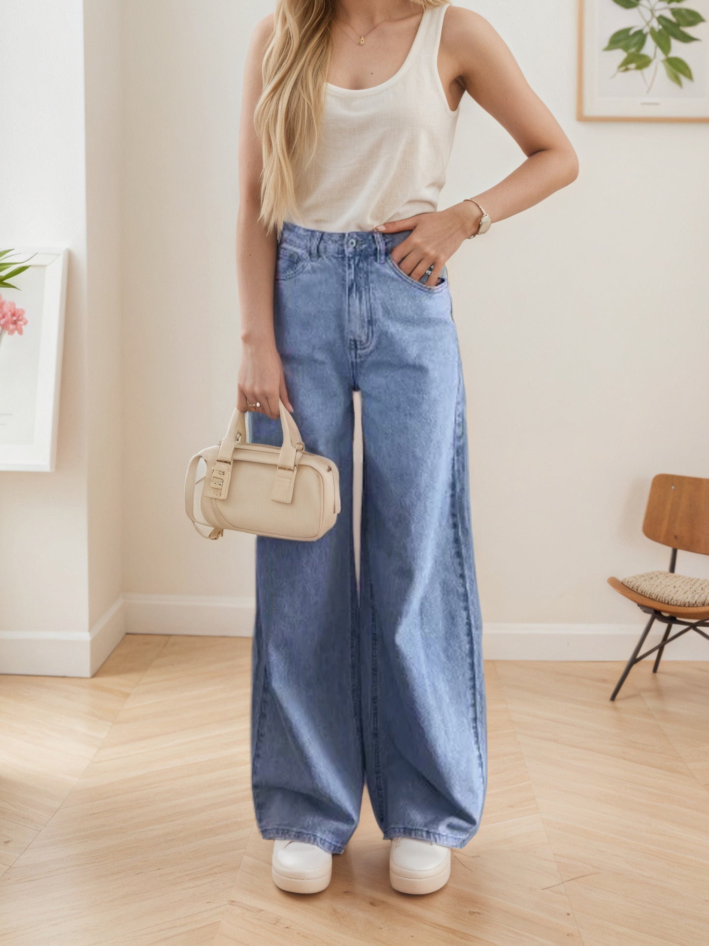 Pantalon en denim rétro ample à taille haute, couleur claire, extensible et nostalgique