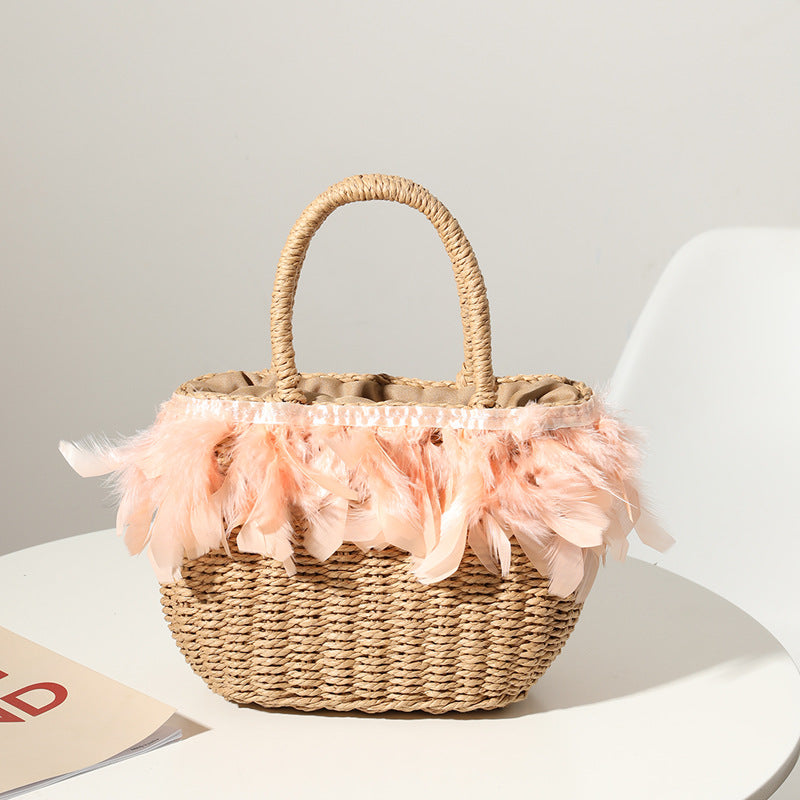 Straw Bag Women Fairy Feather Model Straw Bag Woven Bag Handbag Travel Bag Vacation Beach Bag
