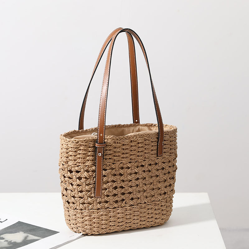 Straw Woven Bag Women Hollow Out Cutout Handmade Straw Bag Woven Bag Shoulder Portable Straw Weaved Bag Seaside Vacation Beach Bag