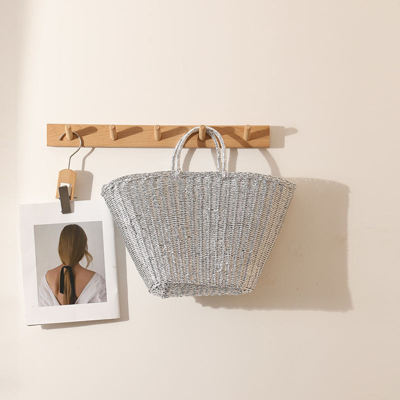 Silver Portable Straw Weaved Bag Metal Sense Large Capacity Hand Carrying Woven Bag Women Seaside Vacation Beach Bag