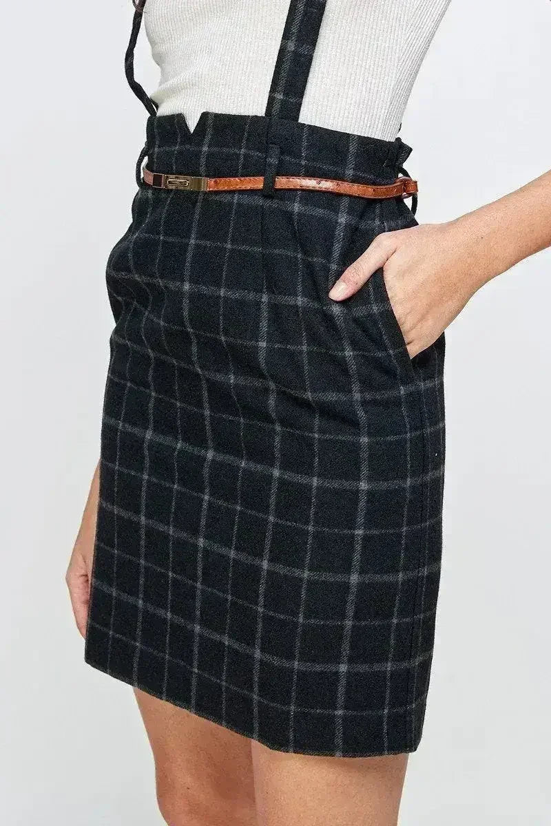 Plaid Suspender Skirt - High Waisted with Belt | Femstylo