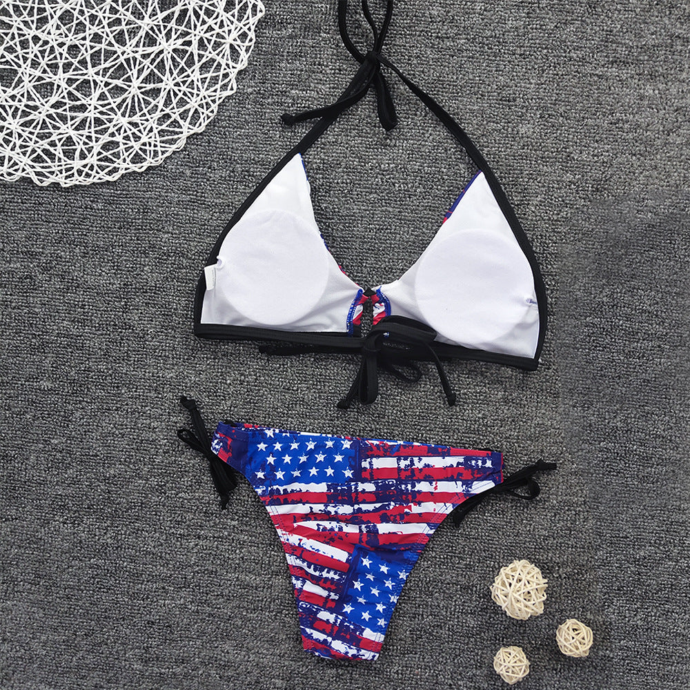 Bikini Sexy Lace up Flag Positioning Printing Bikini Women Swimsuit
