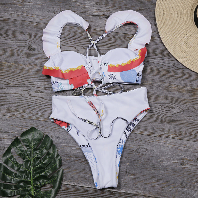 Flounced Printed Split Swimsuit Bikini