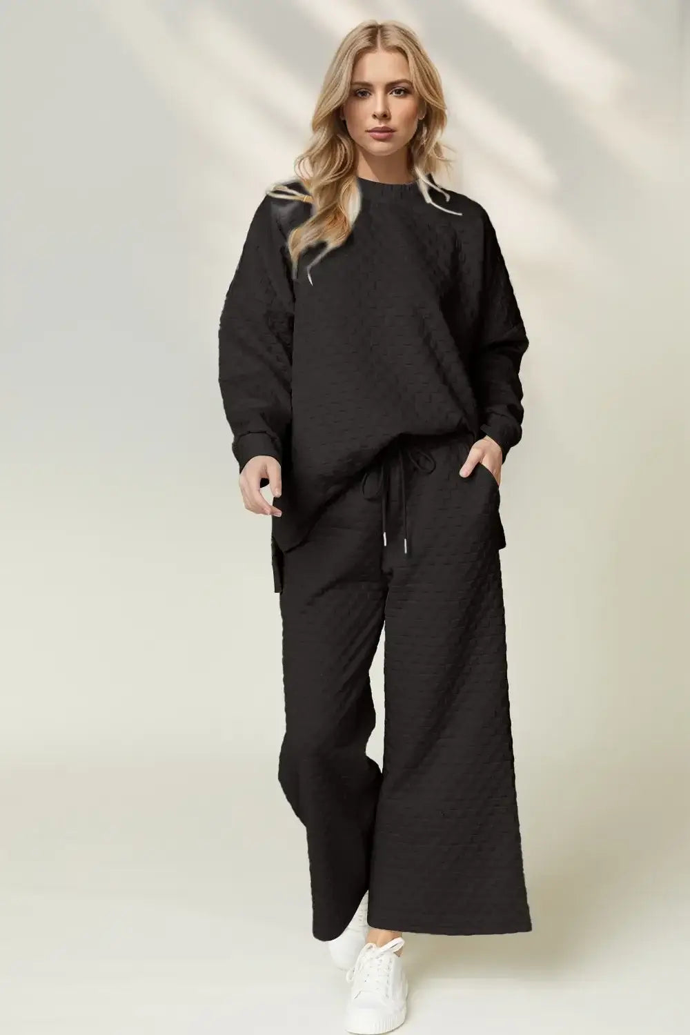 Checkered Slit High Low Round Neck Top And Wide Leg Pants