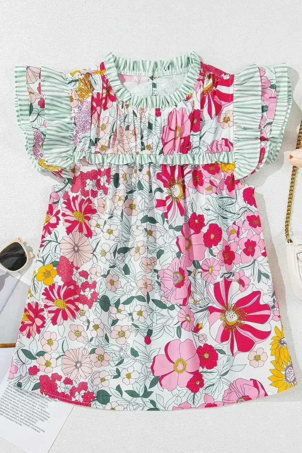 Pink Floral Print Ruffle Trim Pleated Boho Blouse | Femstylo