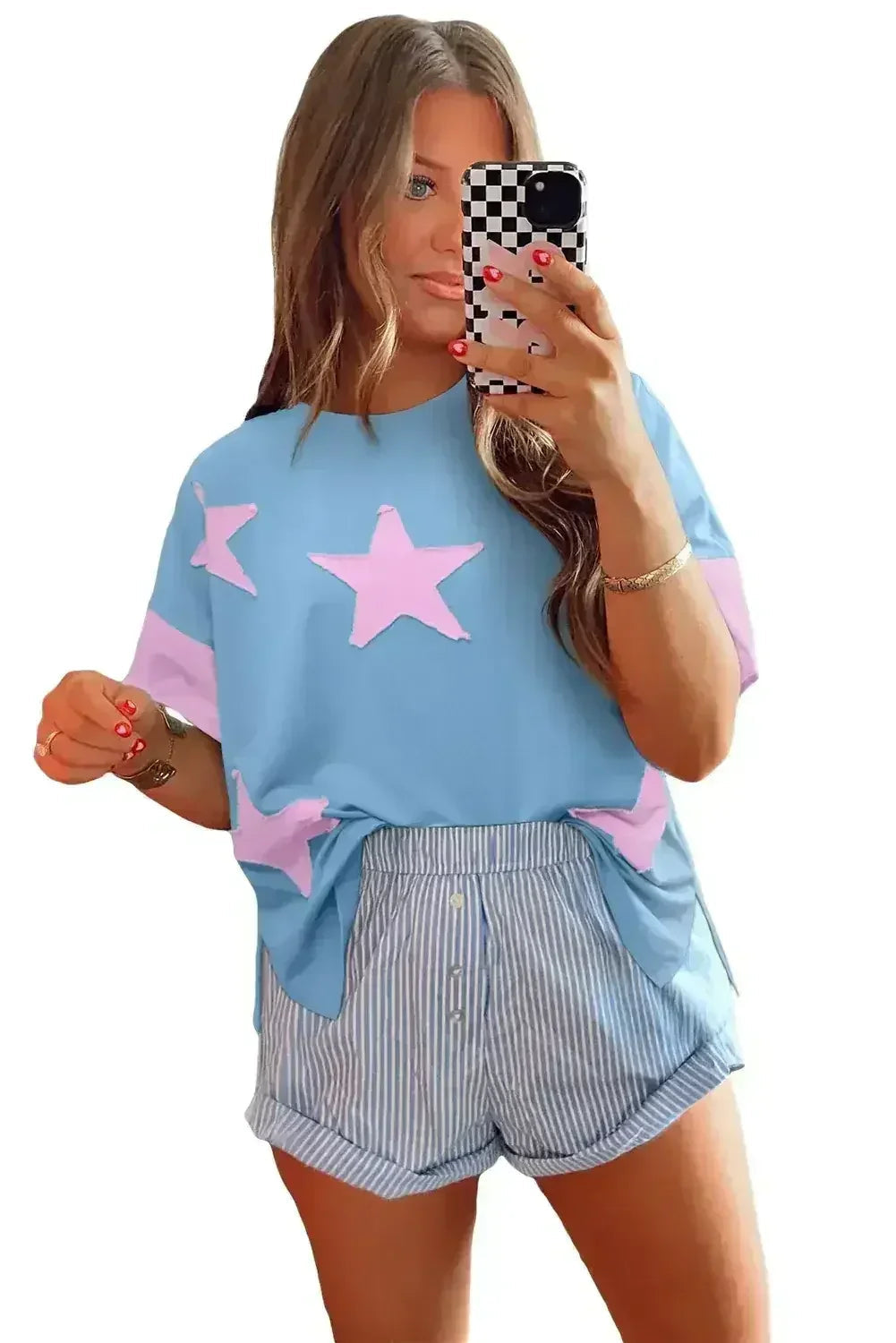 Aruba Blue Frayed Star Patched 4th of July Oversize T Shirt