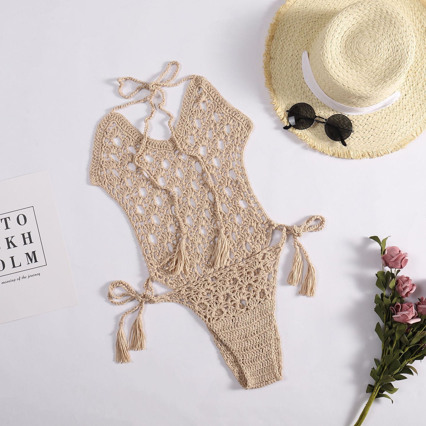 Sexy Halter Bandage Woven Hollowed Hand Crocheting Knitted Beach Bikini One-Piece Swimsuit Crochet hook