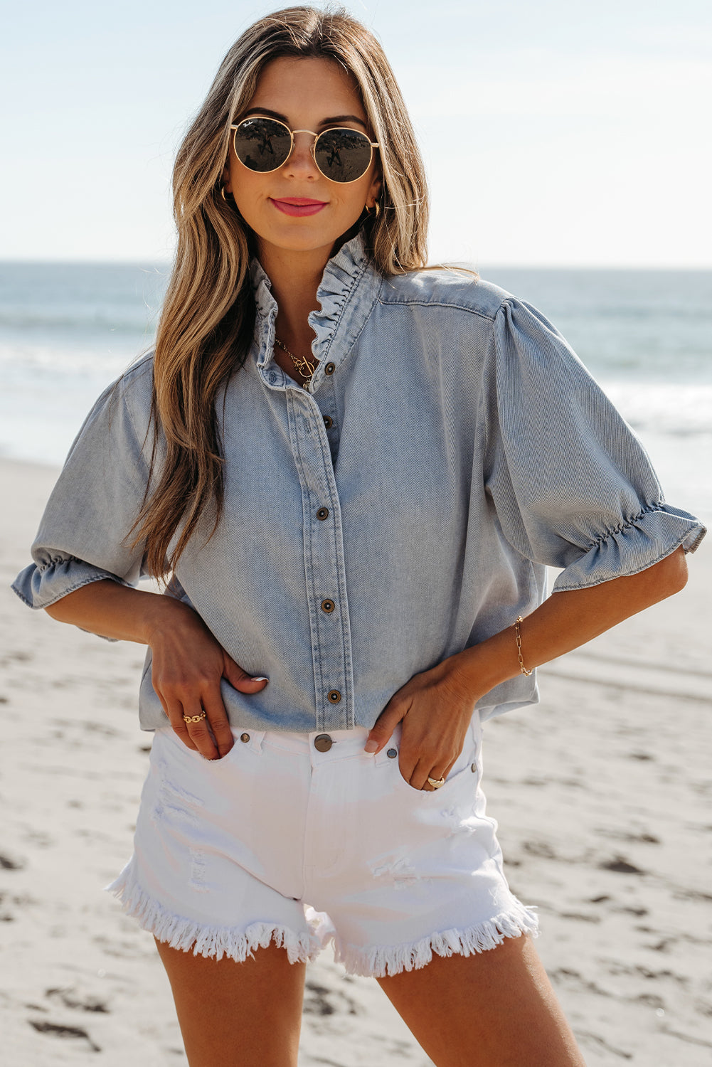 Aya Ruffle Short Puff Sleeve Summer Chambray Top