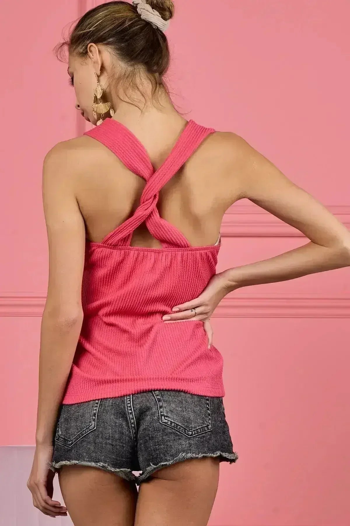 BiBi Lace Knit with Cut Out And Cross Neck Banded Top