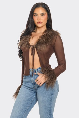 DIVA MESH LONG SLEEVE TOP WITH FUR COLLAR AND SLEEVES