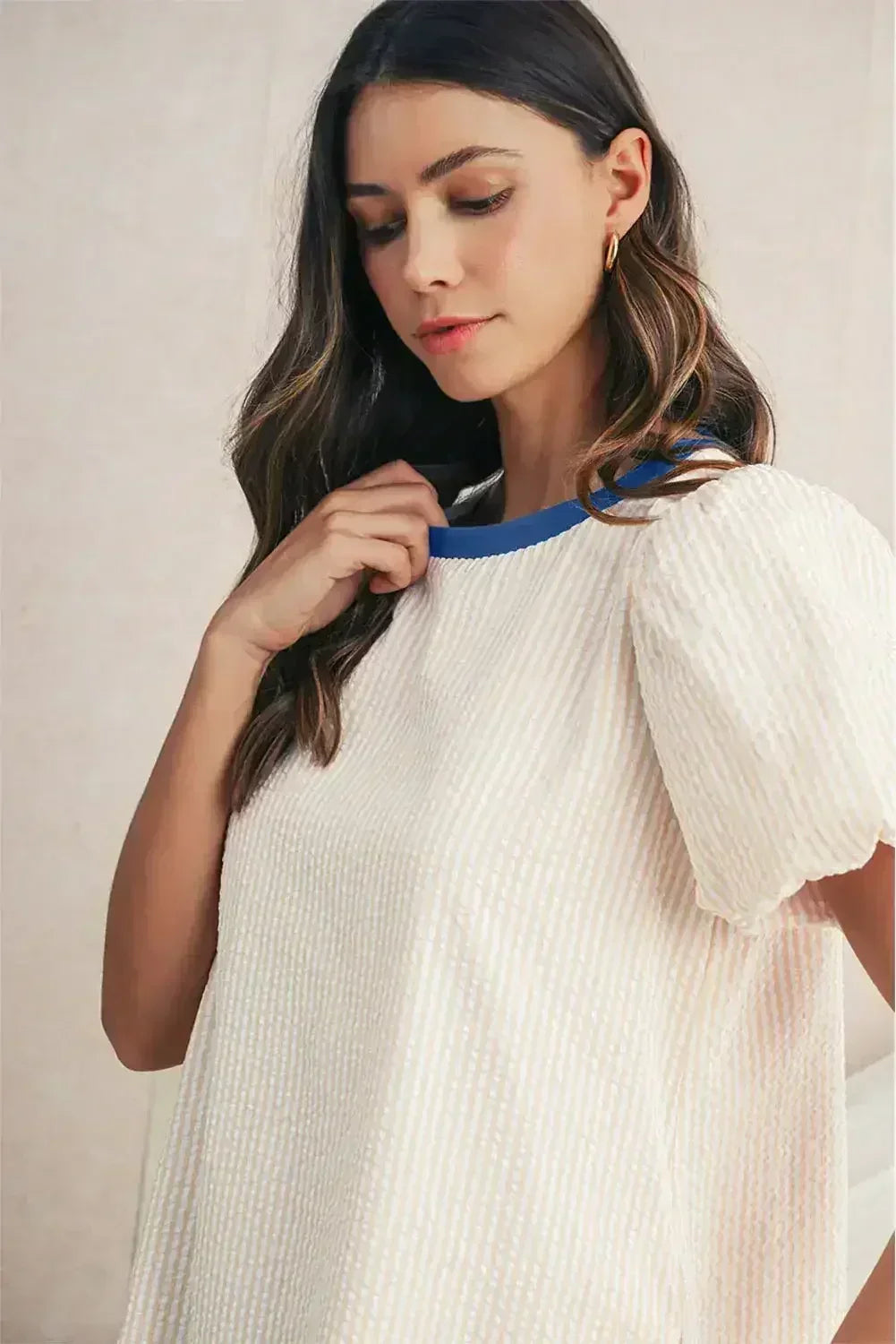 Beige Striped Print Puff Sleeve Textured Mini Dress