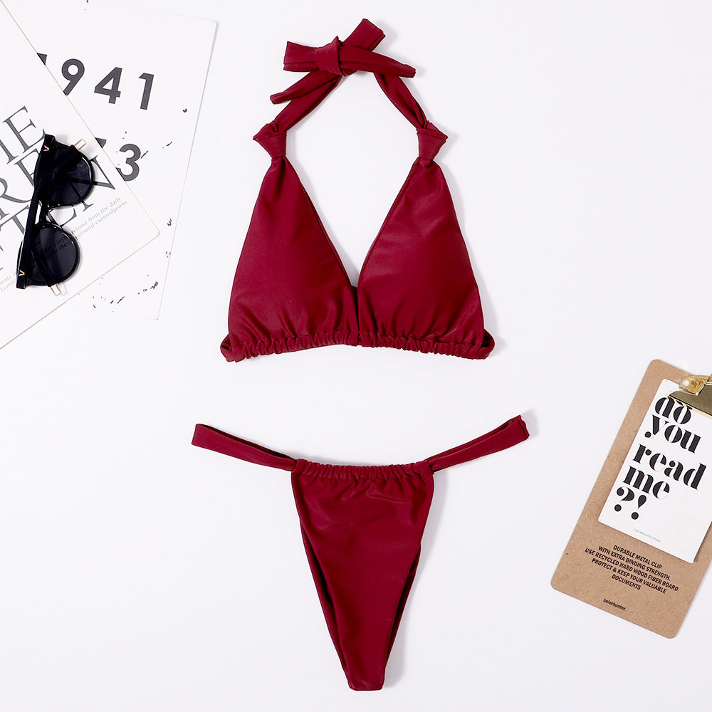 Bikini Split Swimsuit Women Solid Color Sexy Swimsuit Triangle Halter Spaghetti Straps Nylon Swimsuit