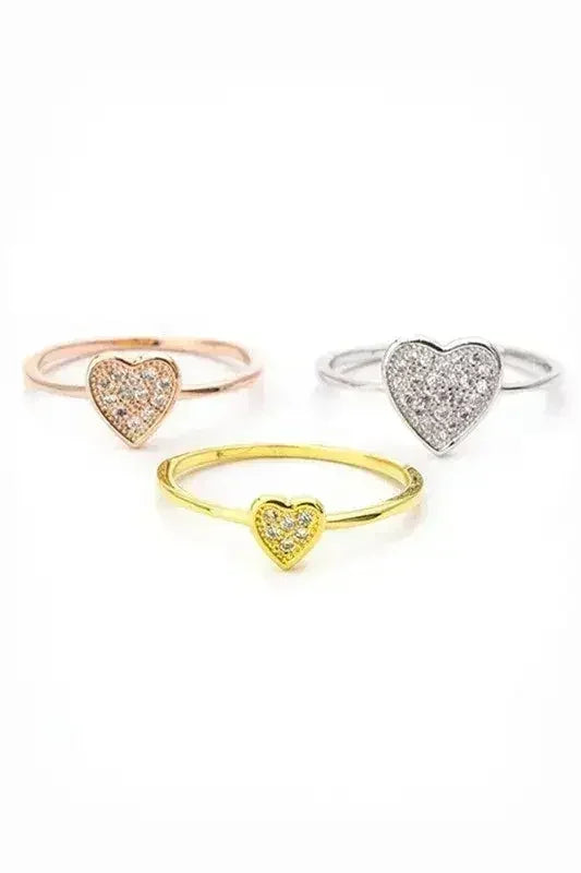 3 Tone CZ Heart Triple Ring Set - Cubic Zirconia Stackable Rings