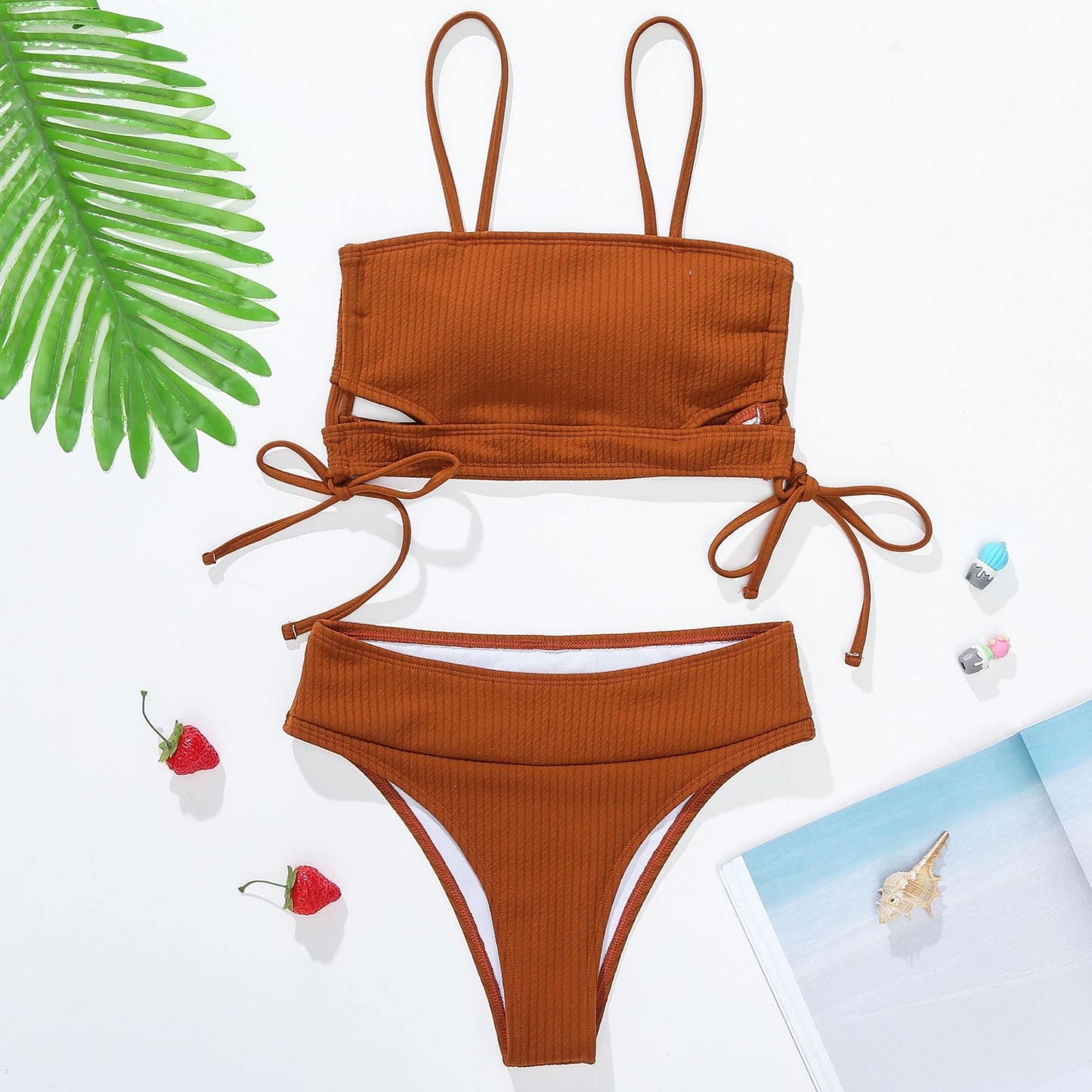 Bikini Rib Fabric Sexy Lace-up High Waist Swimsuit Popular Women