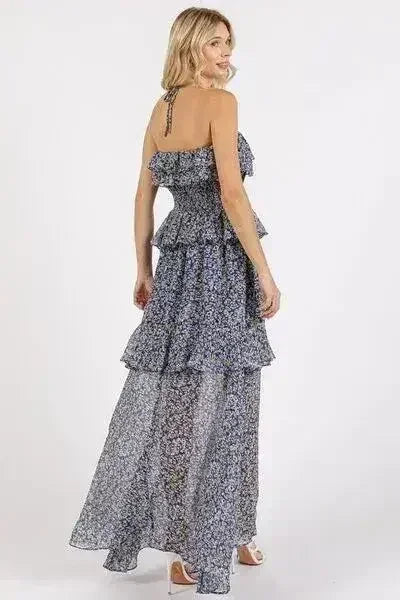 Mittoshop Ruffled Smocked Floral Halter Neck Maxi Dress