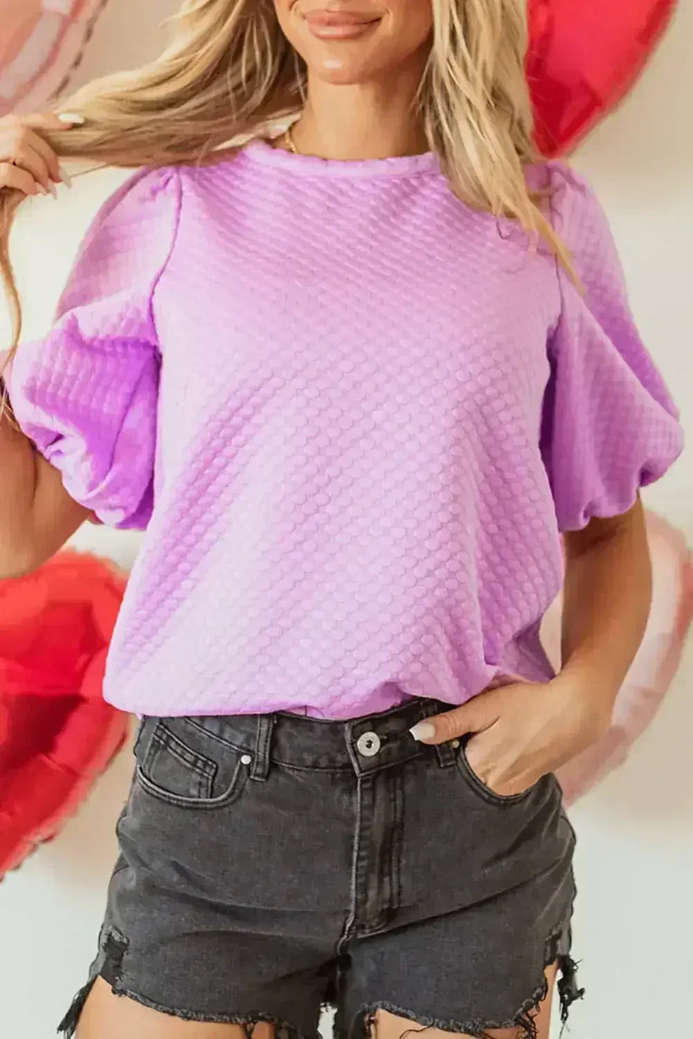 Phalaenopsis Puff Sleeve Blouse - Textured O-Neck Top | Femstylo