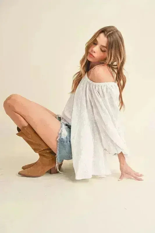 Off-Shoulder Balloon Sleeve Blouse | Feminine Cotton Top - Femstylo