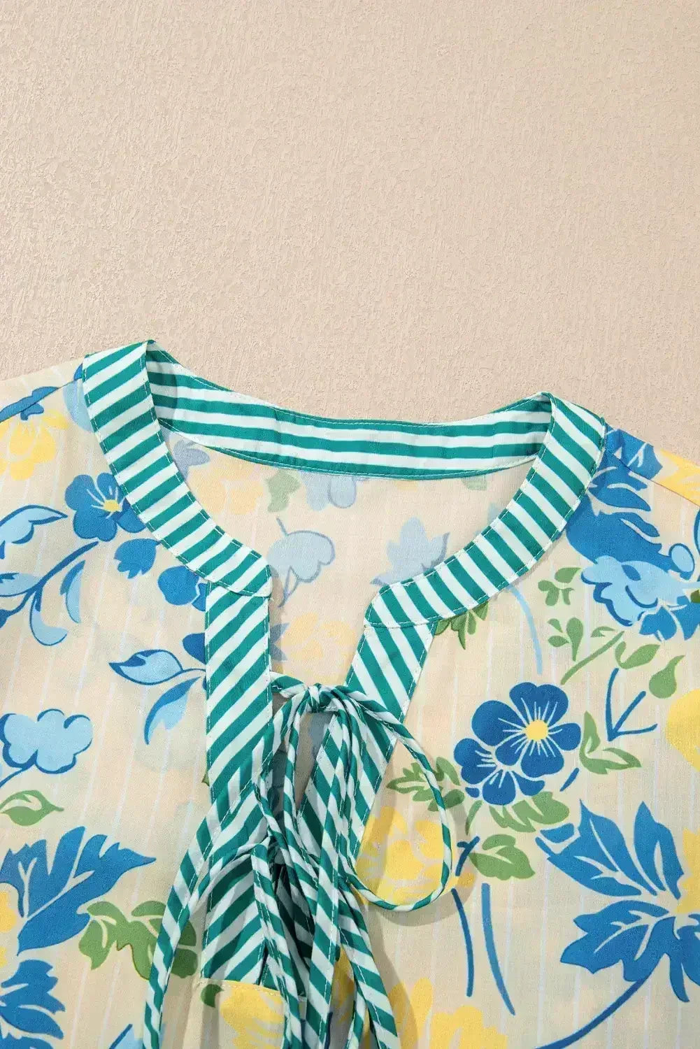 Blue Floral Print Striped Trim Puff Sleeve Mini Dress