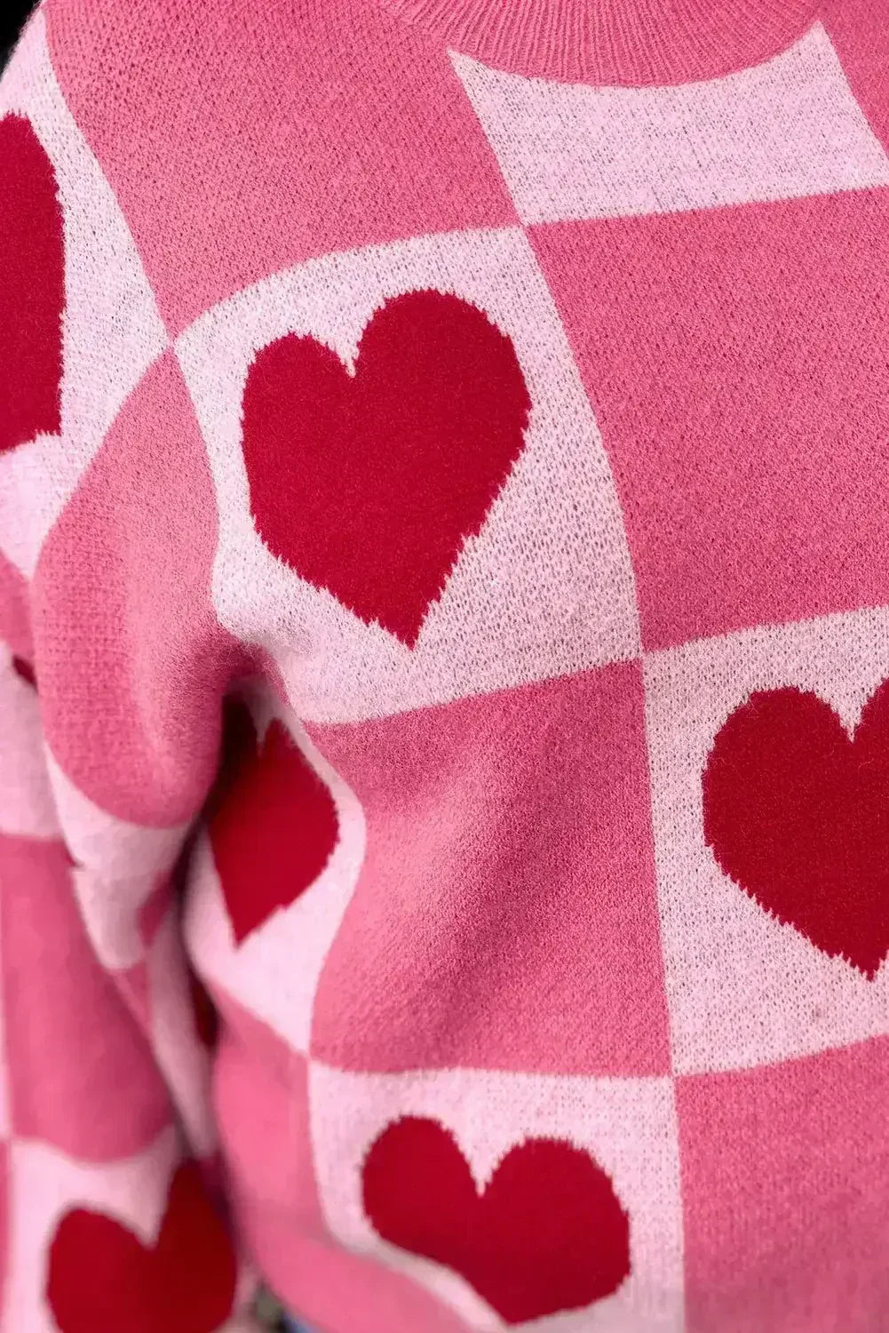 Pink Love Heart Checkered Valentine Knit Sweater