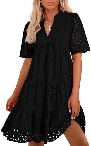 Easter Dress Women - BTFBM Womens Boho Summer Dresses 2025 Resort V Neck Short Sleeve Hollow Out Lace Ruffle Casual Beach Mini Vacation Dress