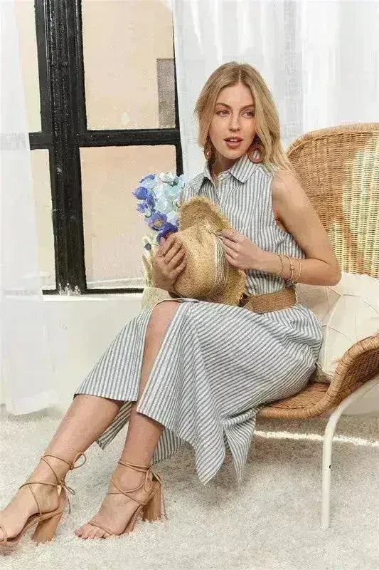 ADORA Striped Button Down Dress – Cotton Midi Sleeveless