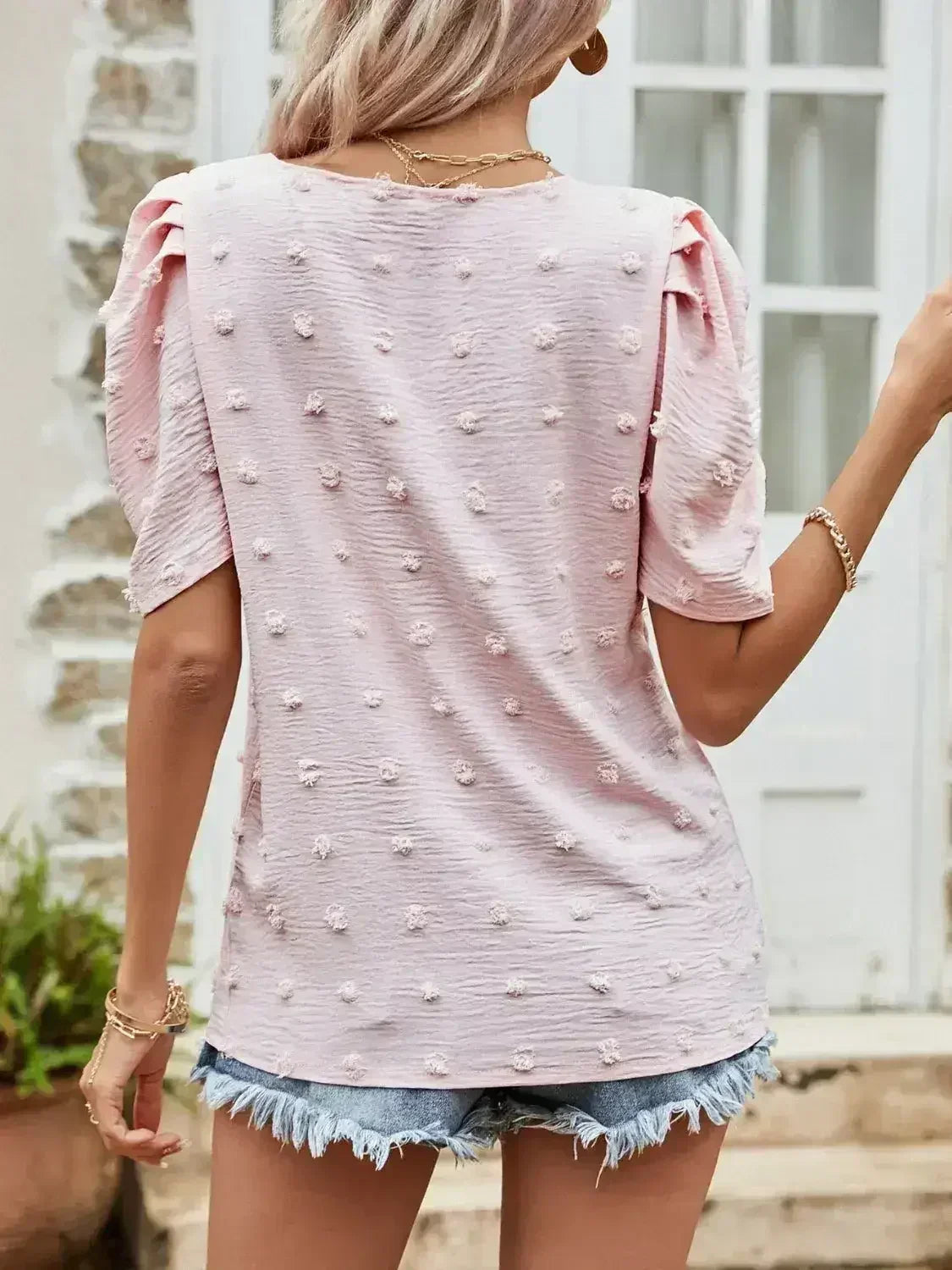 Blush Pink Swiss Dot Short Puff Sleeve Top | Femstylo