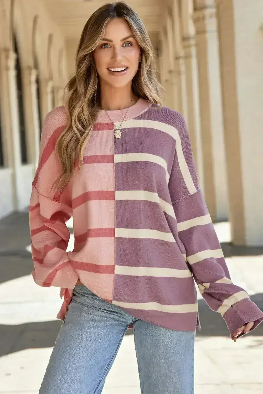 Pink Stripe Oversized Sweater - Colorblock Knit | Femstylo
